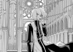  1boy chiruda_shimako church cigarette closed_mouth commentary_request commission cross cross_necklace greyscale hair_between_eyes highres holding holding_cigarette indie_virtual_youtuber indoors jewelry long_sleeves looking_at_viewer male_focus monochrome necklace priest robe schwarzwerder_kirschtorte second-party_source short_hair skeb_commission smoke smoking solo standing virtual_youtuber wind window 
