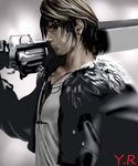  absurdres brown_hair dissidia_final_fantasy earrings final_fantasy final_fantasy_viii gloves gunblade highres jacket jewelry male_focus necklace solo squall_leonhart sword weapon yuuri-622 