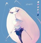  alternate_color antennae artist_name blue_background blue_eyes color_guide colored_skin commentary_request eyelashes highres joints long_hair pheromosa pokemon pokemon_(creature) rongai28 shiny_pokemon simple_background standing twitter_username very_long_hair white_hair white_skin 