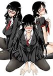  amano_issui black_hair blush breasts buchou_(houkago_play) cleavage female_protagonist_(houkago_play) female_protagonist_(houkago_play_2) glasses houkago_play houkago_play_2 kneeling large_breasts long_hair medium_breasts multiple_girls naughty_face necktie pantyhose school_uniform serafuku very_long_hair yellow_eyes 