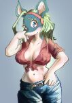  1girl ahoge animal_ears belt blue_eyes blue_pants blue_skin boku_no_hero_academia breasts colored_skin cropped_shirt denim front-tie_top furry furry_female green_hair groin hand_on_own_hip highres huge_ahoge ippan_josei jeans kuromadara large_breasts long_hair looking_at_viewer midriff multicolored_hair multicolored_skin navel pants plunging_neckline rabbit_ears red_shirt shark_girl shirt snout solo two-tone_hair two-tone_skin white_skin 