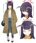  1girl absurdres alternate_costume black_footwear black_hair blue_archive blue_pants blush brown_coat closed_mouth coat commentary_request demon_horns denim fuuka_(blue_archive) hands_in_pockets highres horns hrna long_hair long_sleeves looking_at_viewer multiple_views open_clothes open_coat open_mouth pants red_eyes scarf shirt shoes simple_background smile translation_request white_background white_shirt yellow_scarf 
