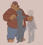 absurd_res ambiguous_gender anthro bear bear_hug belly belly_hug bottomwear clothing denim denim_bottomwear denim_clothing duo embrace hat headgear headwear hi_res hug jeans jewelry male male/ambiguous male/male mammal motion_blur necklace overweight overweight_anthro overweight_male pants shirt size_difference smaller_male standing surprised_expression toicobis topwear
