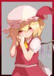  1girl ascot blonde_hair cowboy_shot crystal flandre_scarlet grey_background hand_up hat highres kabochamaronpie red_eyes short_hair simple_background solo touhou yellow_ascot 