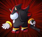  1boy among_us black_(among_us) commission cosplay disembodied_limb emphasis_lines full_body gun highres holding holding_gun holding_weapon male_focus outline red_outline shadow_the_hedgehog shadow_the_hedgehog_(cosplay) shadow_the_hedgehog_(game) slys_(jesterdysphoria) solo sonic_(series) weapon 