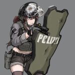  1girl aiming ammunition_pouch armor ballistic_shield belt belt_buckle belt_pouch brown_hair brown_shorts buckle bulletproof_vest epakim finger_on_trigger flashlight fur-trimmed_shorts fur_trim glock gloves green_gloves grey_eyes gun hair_tie handgun headphones helmet highres holding holding_gun holding_shield holding_weapon jacket medium_bangs midriff military navel open_mouth optical_sight original police ponytail pouch shield short_shorts shorts stomach sweatdrop teeth thighhighs watch weapon wristwatch 