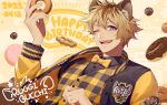  13_(bbr584607091) 1boy animal_ear_fluff animal_ears black_shirt blonde_hair blue_eyes bow bowtie character_name collared_shirt commentary copyright_name dated doughnut fangs food hand_up happy_birthday highres holding holding_food hyena_boy hyena_ears jacket leaning_back leona_kingscholar letterman_jacket long_sleeves male_focus official_alternate_costume one_eye_closed open_mouth plaid plaid_vest pon_de_ring shirt solo symbol-only_commentary teeth twisted_wonderland upper_body vest yellow_background yellow_bow yellow_bowtie yellow_vest 