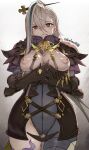  1girl armor artist_name asymmetrical_clothes black_armor blush bodysuit breasts breasts_out commentary_request cowboy_shot crossed_arms epaulettes fate/grand_order fate_(series) gauntlets gradient_background green_hair grey_background grey_bodysuit grey_eyes hands_up high_collar huyan_zhuo_(fate) huyan_zhuo_(second_ascension)_(fate) large_breasts looking_at_viewer multicolored_hair nipples parted_lips shoulder_armor single_pantsleg solo straight-on strap streaked_hair takahan thighhighs variant_set white_background white_hair 