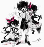  1boy 2girls black_bow black_bowtie black_dress black_eyes black_footwear black_hair black_shorts blood blue_sclera blush_stickers bow bowtie colored_sclera colored_skin commission creature dress frilled_dress frills grey_socks hair_bow highres leash long_hair meyou_0319 multiple_girls musical_note open_mouth original pill pink_bow red_bow red_bowtie sailor_collar school_uniform shirt short_hair shorts smile socks white_background white_shirt white_skin white_socks wire 