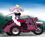  arms_up bow ground_vehicle hair_bow hat kieyza lavender_hair motor_vehicle motorcycle multiple_girls nagae_iku ponytail purple_hair red_eyes touhou watatsuki_no_yorihime 