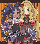  2girls aqua_eyes black_dress blonde_hair blue_eyes bow caitlin_(fall_2021)_(pokemon) caitlin_(pokemon) claw_pose closed_mouth colored_skin commentary_request dark-skinned_female dark_skin dress fake_horns fangs happy_halloween highres horns iris_(fall_2022)_(pokemon) iris_(pokemon) kokashiho letterboxed long_hair looking_at_viewer multiple_girls official_alternate_costume open_mouth outside_border outstretched_arms poipole pokemon pokemon_(creature) pokemon_masters_ex purple_hair purple_skin red_bow red_eyes sableye sitting smile sparkle teeth upper_teeth_only zombie_pose 