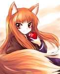  animal_ears apple brown_hair eating fang food fruit highres holding holding_food holding_fruit holo long_hair red_eyes solo spice_and_wolf tail wolf_ears wolf_tail yume_shokunin 