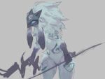  1girl animal_ears black_fur body_fur bow_(weapon) furry furry_female grey_background grey_fur holding holding_bow_(weapon) holding_weapon kindred_(league_of_legends) lamb_(league_of_legends) league_of_legends long_hair mask ramssa sheep_ears sheep_girl simple_background solo weapon 