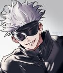  blindfold gakuran gojou_satoru gradient_background highres jujutsu_kaisen leaning_to_the_side male_focus school_uniform signature smile snozberriezz watermark white_background white_hair 