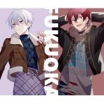  2boys aiue_o_eiua arms_behind_back black_jacket blue_shirt brown_background brown_jacket commentary_request cowboy_shot english_text fur-trimmed_jacket fur_trim grey_hoodie highres hood hoodie idolish7 inumaru_toma jacket jewelry letterboxed looking_at_viewer looking_to_the_side male_focus multiple_boys necklace open_mouth osaka_sougo pants place_name purple_background purple_eyes purple_hair purple_pants red_eyes red_hair shirt short_hair simple_background smile white_background 