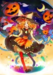  blonde_hair bloomers braid halloween hat highres jack-o'-lantern kirisame_marisa mary_janes nokishita pantyhose pumpkin red_legwear shoes short_hair solo touhou underwear witch_hat yellow_eyes 