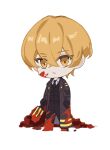  1boy absurdres blonde_hair blood blood_on_clothes blood_on_face chibi ebf7l full_body highres limbus_company mace project_moon simple_background sinclair_(project_moon) solo weapon white_background yellow_eyes 