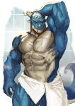2024 abs absurd_res anthro barazoku bathroom bathroom_tiles big_biceps big_muscles big_pecs big_triceps blue_body bodily_fluids digital_drawing_(artwork) digital_media_(artwork) dragon facial_scar fingers hair hand_on_head hi_res huge_muscles humanoid_hands long_tail looking_at_viewer male manly multicolored_body muscular muscular_anthro muscular_arms muscular_male muscular_thighs obliques pecs scalie scar serratus shirtless shirtless_male short_ears short_hair smile solo sweat tail thick_tail towel towel_around_waist towel_only traver009 vapor_clouds vein veiny_arms veiny_muscles white_hair