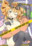  1girl animal_ears blush breasts censored cleavage commentary_request drill_hair eyewear_on_head glasses jewelry looking_at_viewer matsu_kitsune one_eye_closed open_mouth orange_eyes rabbit_ears shiny_skin solo thighhighs thighs touhou translation_request twin_drills yorigami_jo&#039;on 