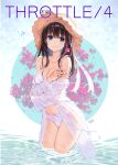  1girl bare_shoulders bikini black_hair breasts brown_headwear cleavage collarbone commentary_request flower hat highres large_breasts long_hair long_sleeves off_shoulder open_clothes original purple_eyes red_flower sanbasou see-through solo standing straw_hat swimsuit wading water white_bikini 