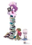  blush book book_stack book_tower bow chibi hair_bow hat hong_meiling izayoi_sakuya knife long_hair maid maid_headdress massala md5_mismatch multiple_girls patchouli_knowledge purple_hair red_hair silver_hair striped touhou 