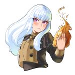  1girl absurdres blunt_bangs casting_spell closed_mouth commentary deliciousbrain eyelashes fire fire_emblem fire_emblem:_three_houses frown garreg_mach_monastery_uniform highres long_hair lysithea_von_ordelia purple_eyes simple_background solo upper_body white_background white_hair 
