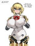  1girl aegis_(persona) alternate_breast_size android artist_logo blonde_hair blue_eyes breasts bright_pupils cameltoe commentary covered_navel covered_nipples donburi_(donburikazoku) english_commentary english_text eyebrows_hidden_by_hair fanbox_username foreshortening grabbing_own_breast hair_between_eyes hairband highres huge_breasts joints legs_apart looking_at_viewer neck_ribbon patreon_username persona persona_3 red_ribbon ribbon robot_joints short_hair sidelocks simple_background solo teeth two-tone_hairband upper_teeth_only web_address white_background white_pupils 