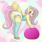 abstract_background anthro anthrofied ball blush bodily_fluids camisole clothing diaper embarrassed equid equine feathered_wings feathers female flat_chested fluttershy_(mlp) friendship_is_magic full-length_portrait genital_fluids green_eyes hair hasbro hi_res horse leggings legwear looking_at_viewer looking_back mammal my_little_pony pegasus pink_hair pony portrait solo stargal_galexi urine wet_diaper wetting wings