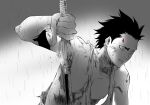  1boy absurdres bare_arms black_hair bleach bleach:_sennen_kessen-hen blood blood_on_face fighting_stance grey_background greyscale highres holding holding_sword holding_weapon ken&#039;ichi_(ken1ro_u) looking_down monochrome nose outdoors parted_lips rain short_hair simple_background solo spiked_hair sword thumbs_down torn_clothes upper_body weapon wide-eyed zaraki_kenpachi 