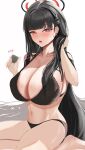  1girl absurdres black_bra black_hair blue_archive bra breasts choko_(cup) cup drink highres holding holding_drink long_hair rio_(blue_archive) underwear zcrt8375 