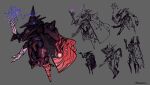  absurdres armor black_armor concept_art extra_arms fantasy glowing glowing_eyes grey_background hat highres lancer_rpg magic magic_circle mecha one-eyed original prototype_design purple_eyes reference_sheet robot science_fiction sigil sketch tfinnbarr witch witch_hat 