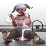 apron areola big_breasts black_sclera blush blush_lines breasts choker cleavage clothed clothing curved_horn dark_body dark_skin demon demon_humanoid ear_piercing ear_ring egg female flour front_view grey_clothing grey_horn grey_legwear grey_stockings hair hi_res holding_object horizontal_pupils horn horned_humanoid huge_breasts humanoid humanoid_pointy_ears imaginaricide jewelry legwear looking_at_viewer necklace nipples open_mouth open_smile piercing pink_areola pink_nipples plus-sized_elf pupils ring_piercing satero_(plus-sized_elf) satyr short_hair sitting smile solo spade_tail stockings tail tailed_humanoid thick_thighs translucent translucent_clothing wet wet_clothing white_apron white_hair wide_hips yellow_eyes