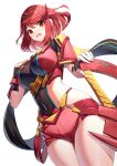  1girl :d aegis_sword_(xenoblade) black_gloves blush breasts chest_jewel commentary_request fingerless_gloves gloves highres large_breasts legs_together looking_at_viewer pyra_(xenoblade) red_eyes red_hair red_shorts revision ririko_(zhuoyandesailaer) short_hair short_shorts short_sleeves shorts smile solo swept_bangs sword thighhighs thighs tiara weapon xenoblade_chronicles_(series) xenoblade_chronicles_2 