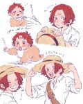  1boy aged_down baby babywearing blush closed_eyes hat highres long_hair looking_at_viewer male_focus one_piece open_mouth red_hair rnolmol shanks_(one_piece) shirt smile teeth white_shirt 
