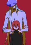  1boy 1girl black_shirt blonde_hair blue_headwear flat_chest freckles grey_hair hair_between_eyes hands_on_another&#039;s_shoulders hat height_difference hunter_x_hunter kite_(chimera_ant) kite_(hunter_x_hunter) long_hair long_sleeves looking_at_viewer purple_eyes red_background red_hair saiko67 shirt solo straight-on turtleneck upper_body very_long_hair white_shirt 
