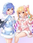  2girls :o absurdres bare_legs bat_wings blonde_hair blue_hair blue_hairband blue_pajamas bow buttons coffee_mug cup flandre_scarlet fluff hair_bow hairband highres holding holding_cup hood hooded_pajamas mug multiple_girls pajamas panda pink_bow pink_pajamas red_eyes remilia_scarlet ruhika short_hair side_ponytail smile striped striped_pajamas touhou wings 