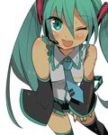  bad_id bad_pixiv_id blush detached_sleeves green_eyes green_hair hatsune_miku headset long_hair meno necktie one_eye_closed simple_background skirt solo thighhighs twintails very_long_hair vocaloid 