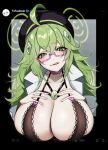  1girl blush breasts clara_(project_qt) cleavage glasses green_eyes green_hair hacker hands_on_own_breasts highres huge_breasts lab_coat licking_lips like_and_retweet long_hair looking_at_viewer project_qt smile solo tofuubear tongue tongue_out tweet twitter twitter_verified_checkmark twitter_x_logo 
