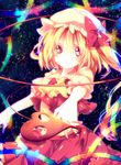  ascot bad_id bad_pixiv_id blonde_hair expressionless eyelashes flandre_scarlet gradient hat hat_ribbon highres laevatein rainbow red_eyes ribbon riichu side_ponytail slit_pupils solo thorns touhou 