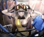  1girl arknights arm_strap arms_up bandeau bare_shoulders bird black_hair blue_eyes breasts bright_pupils cleavage commentary_request dress eunectes_(arknights) gloves goggles goggles_on_head grey_gloves high_priest_(arknights) highres large_breasts looking_at_viewer poni_(poni_arknights) see-through short_hair single-shoulder_dress strapless tube_top upper_body white_pupils yellow_dress 