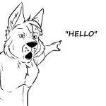 2023 anthro canid canine canis claws english_text finger_claws fur gesture half-length_portrait line_art looking_at_viewer male mammal meme open_mouth pointing portrait prick_ears solo text undeadsparrow wolf