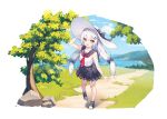  1girl aged_down black_bow black_footwear bow cloud commission forest ge_zhong_kuaile girls&#039;_frontline grass hat lake long_hair looking_at_viewer multiple_hairpins nature neckerchief outdoors path pixiv_commission pleated_skirt red_neckerchief rock sailor_collar school_uniform serafuku shirt shoes skirt sleeveless smile standing sun_hat svd_(girls&#039;_frontline) tree very_long_hair white_hair white_headwear white_shirt yellow_eyes 