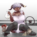 apron big_breasts black_sclera blush blush_lines breasts choker cleavage clothed clothing curved_horn dark_body dark_skin demon demon_humanoid ear_piercing ear_ring egg female flour front_view grey_clothing grey_horn grey_legwear grey_stockings hair hi_res holding_object horizontal_pupils horn horned_humanoid huge_breasts humanoid humanoid_pointy_ears imaginaricide jewelry legwear looking_at_viewer necklace open_mouth open_smile piercing plus-sized_elf pupils ring_piercing satero_(plus-sized_elf) satyr short_hair sitting smile solo spade_tail stockings tail tailed_humanoid thick_thighs white_apron white_hair wide_hips yellow_eyes