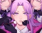  3girls black_gloves euryale_(fate) fate/grand_order fate_(series) gloves highres holding holding_brush long_hair makeup_brush medusa_(fate) medusa_(saber)_(fate) multiple_girls nikumaki43 purple_eyes purple_hair rectangular_pupils siblings sisters stheno_(fate) 