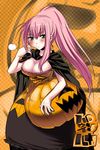  aqua_eyes blush breasts cape cleavage dress halloween highres jack-o'-lantern large_breasts long_hair megurine_luka pink_hair ponytail pumpkin solo tokita_monta vocaloid 