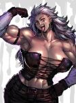  1girl abs arm_up armpits belt breasts corset dorohedoro earrings gloves grey_hair jewelry kisuu muscular muscular_female noi_(dorohedoro) pants red_eyes tongue tongue_out 