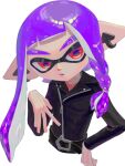  1girl belt black_jacket commentary_request eyebrow_cut inkling inkling_girl jacket kurutot1 long_hair open_mouth parted_lips pointy_ears purple_hair red_eyes simple_background solo splatoon_(series) tentacle_hair upper_body white_background zipper zipper_pull_tab 