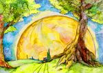  city colorful conose copyright_request graffiti landscape moon multiple_girls scenery skyline touhou traditional_media tree watercolor_(medium) 