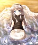  barefoot blue_eyes breasts clannad grey_hair hairband highres long_hair medium_breasts okazaki_tomoya photo_(object) ripples sakagami_tomoyo shirt skirt smile solo taut_clothes taut_shirt tsukasaki_aoi very_long_hair water 