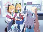  4girls :3 absurdres angel&#039;s_24_uniform_(blue_archive) animal_ear_headphones animal_ears apron blonde_hair blue_apron blue_archive blue_bow blue_eyes blue_halo blue_necktie bow braid cat_ear_headphones cat_tail closed_eyes closed_mouth collared_shirt commentary_request convenience_store fake_animal_ears fake_tail french_braid green_eyes green_halo hair_bow halo headphones highres long_hair low-tied_sidelocks midori_(blue_archive) miyako_(blue_archive) momoi_(blue_archive) multiple_girls necktie one_side_up open_mouth pink_halo red_bow shirt shop short_hair short_necktie sizque sora_(blue_archive) tail very_long_hair white_hair white_halo white_shirt 